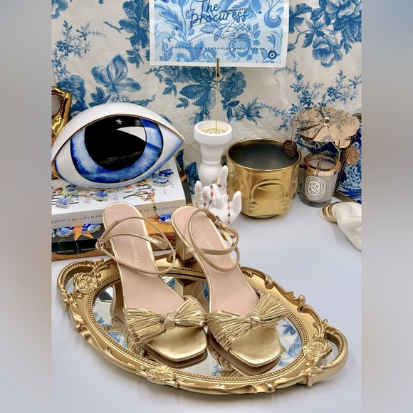 🆕 LOEFFLER RANDALL 🧿 NWOT Kimora Metallic Bow Ankle Strap Sandals, Gold Sz 7.5 - Picture 2 of 13